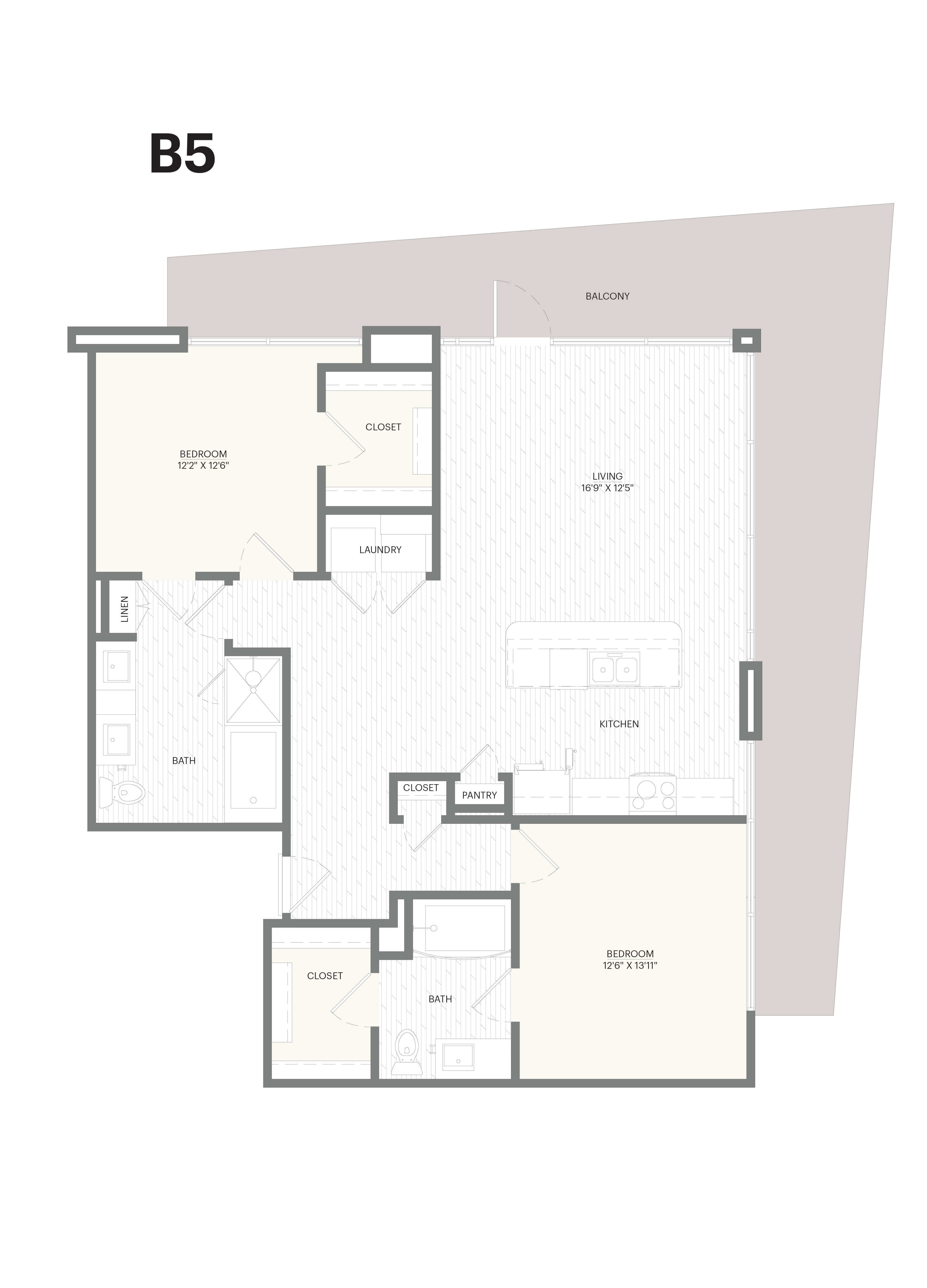 Floor plan for 2 beds, 2 baths, 1268 sqft
